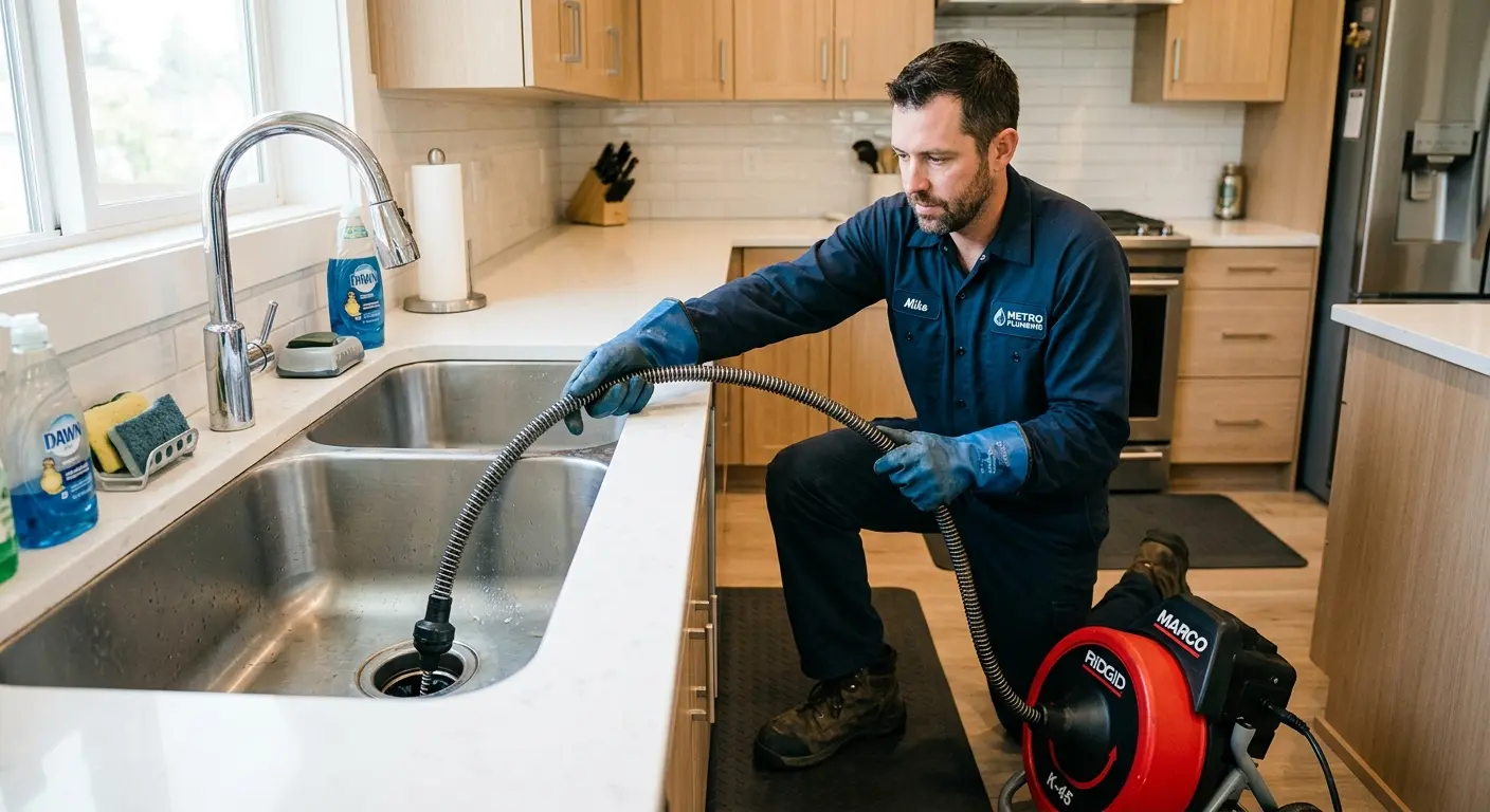 Drain cleaning technician using a motorized snake on a kitchen sink in Mount Vernon