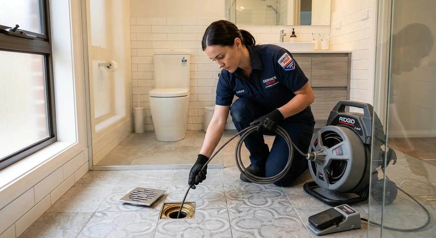 Technician clearing a bathroom floor drain for Sewer Line Installation in Mount Vernon